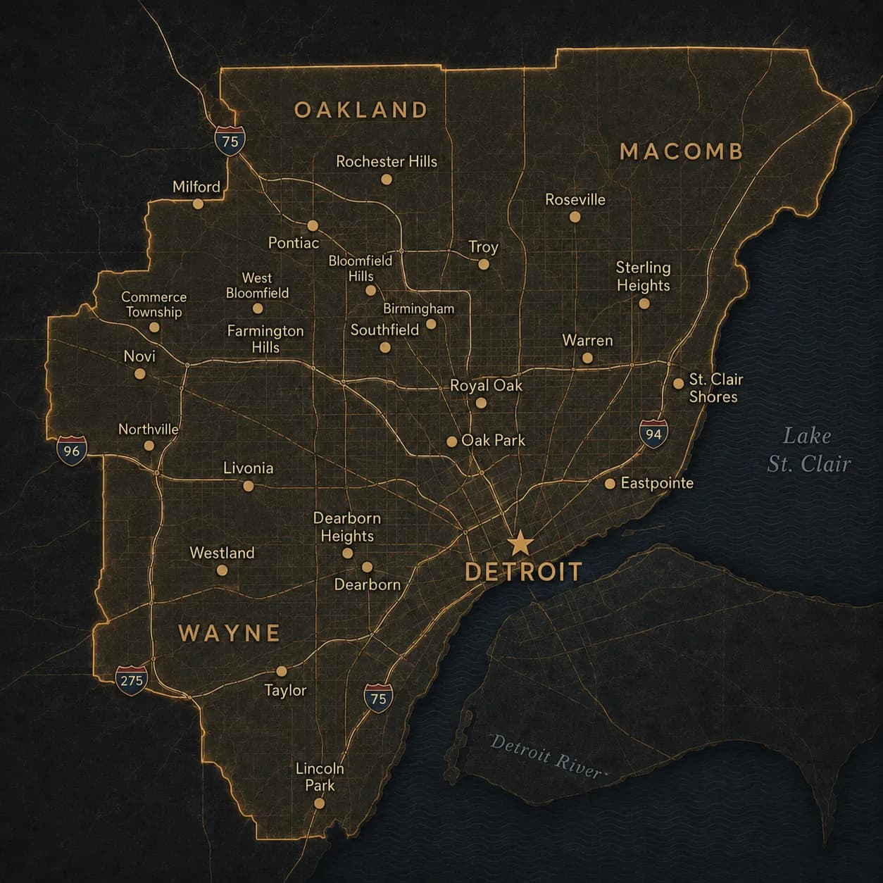 Map of Bello Painting's Metro Detroit service area, covering Oakland, Wayne, and Macomb counties, with Detroit, Warren, Sterling Heights, Dearborn, Livonia, Troy, Novi, Birmingham, Bloomfield Hills, Northville, Milford, Royal Oak, and St. Clair Shores marked.