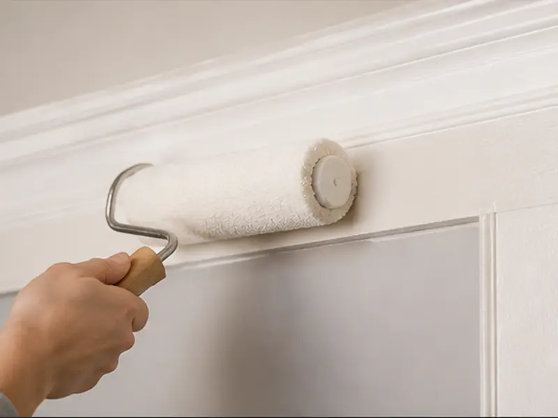 A roller laying a finish coat onto panelled wall trim.