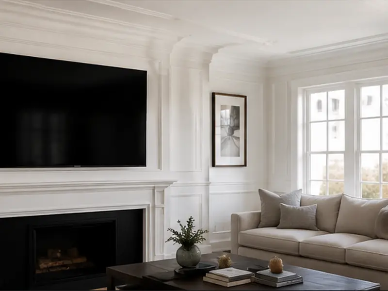 A finished living room in warm white, with panelled walls, a fireplace, and daylight from a tall window.